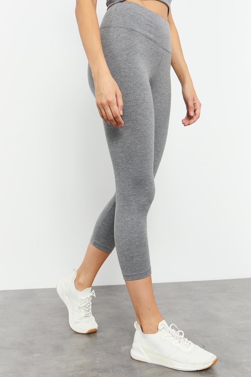 Tommy Life Gray Melange Women's High Waist Capri-Crop T-Shirt Slim Fit Leggings Set - 95285  - Image 2