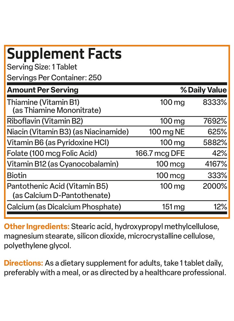 Bronson - Vitamin B 100 Complex High Potency Sustained Release Vitamin B1 B2 B3 B6 B9 Folic Acid B12 250 Tablets - Image 1