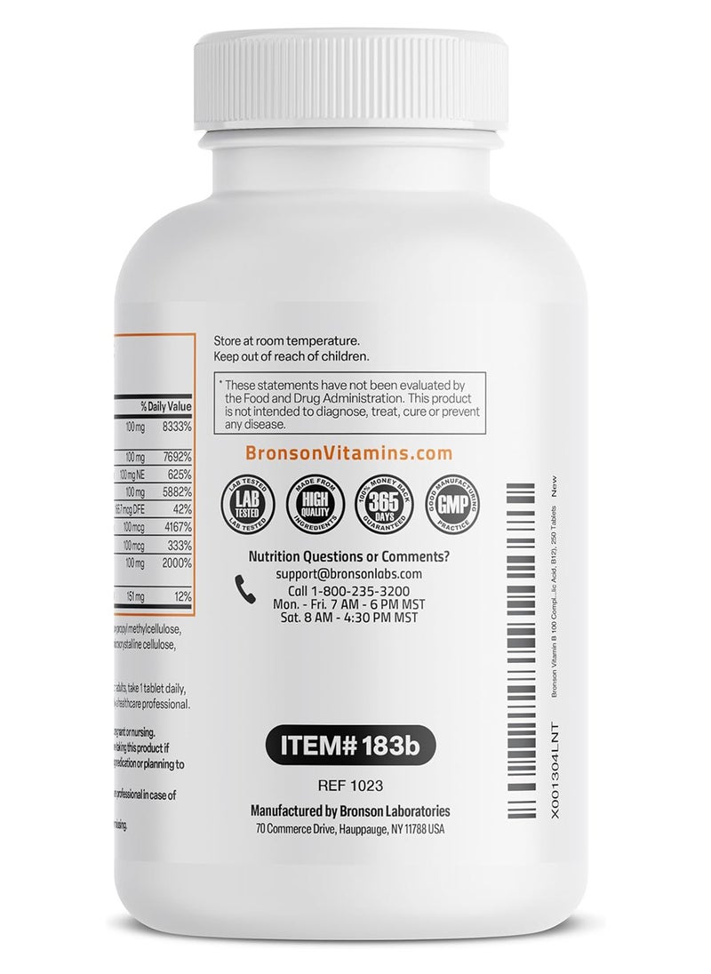 Bronson - Vitamin B 100 Complex High Potency Sustained Release Vitamin B1 B2 B3 B6 B9 Folic Acid B12 250 Tablets - Image 1