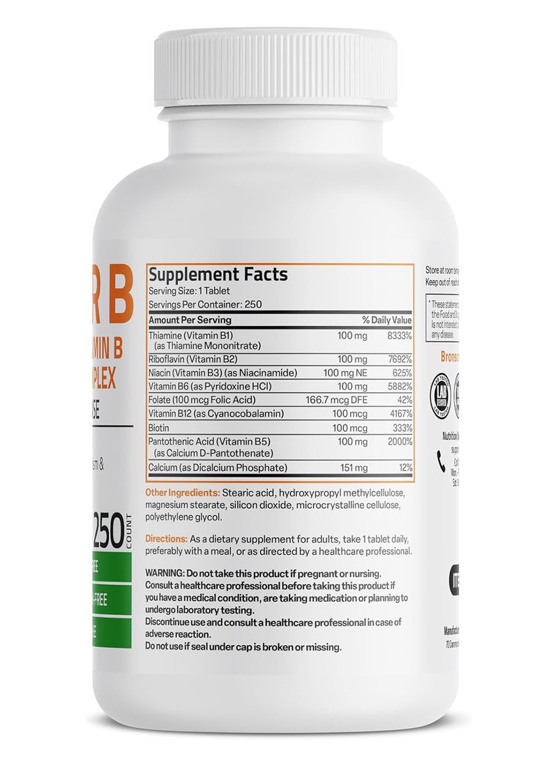 Bronson - Vitamin B 100 Complex High Potency Sustained Release Vitamin B1 B2 B3 B6 B9 Folic Acid B12 250 Tablets - Image 1