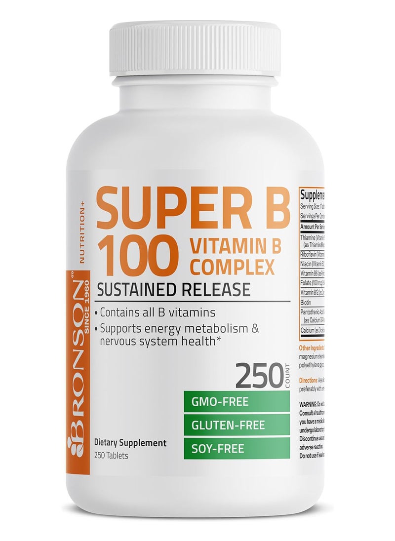 Bronson - Vitamin B 100 Complex High Potency Sustained Release Vitamin B1 B2 B3 B6 B9 Folic Acid B12 250 Tablets - Image 1