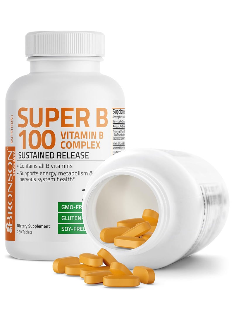 Bronson - Vitamin B 100 Complex High Potency Sustained Release Vitamin B1 B2 B3 B6 B9 Folic Acid B12 250 Tablets - Image 1