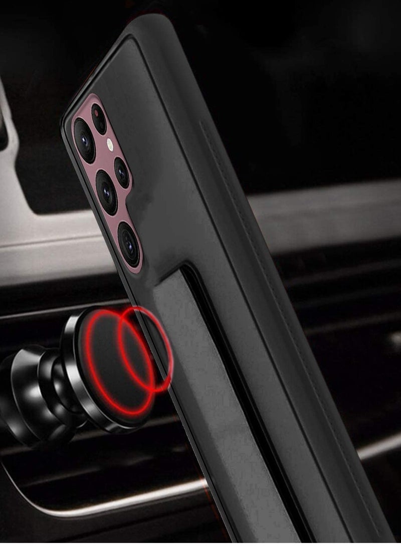 ELTRAZONE Premium Quality Silicone Slim PU Leather Kick Back Stand Grip Case Cover with Enhanced Protection of Wrist Strap Hand Band Cover Case for Samsung Galaxy S22 Ultra 5G (Black) - Image 5