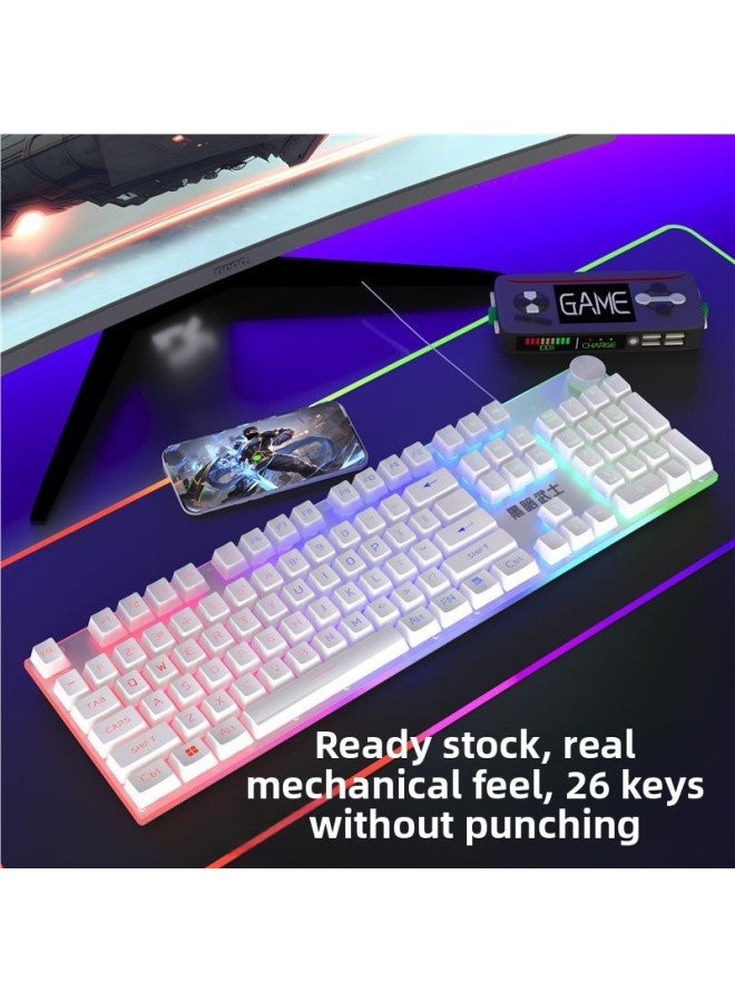 Keyboard Mouse Suit Mechanical Feel Suspension Key Cap Game Desktop Computer Notebook Office Typing USB Connection-Color:White - Thickened And Weighted - Rotating on Characters With Colored Light + Keycaps Are Not Easy To Peel Off