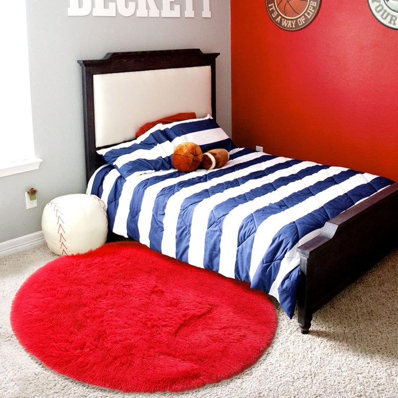 Amdrebio Red Round Rug 5Ft for Boys Bedroom, Fluffy Fuzzy Circle Area Rugs for Kids Room Decor Aesthetic, Plush Shaggy Furry Carpet for Living Room Nursery Dorm Classroom, Shag Baby Teen Christmas Rug - Image 5