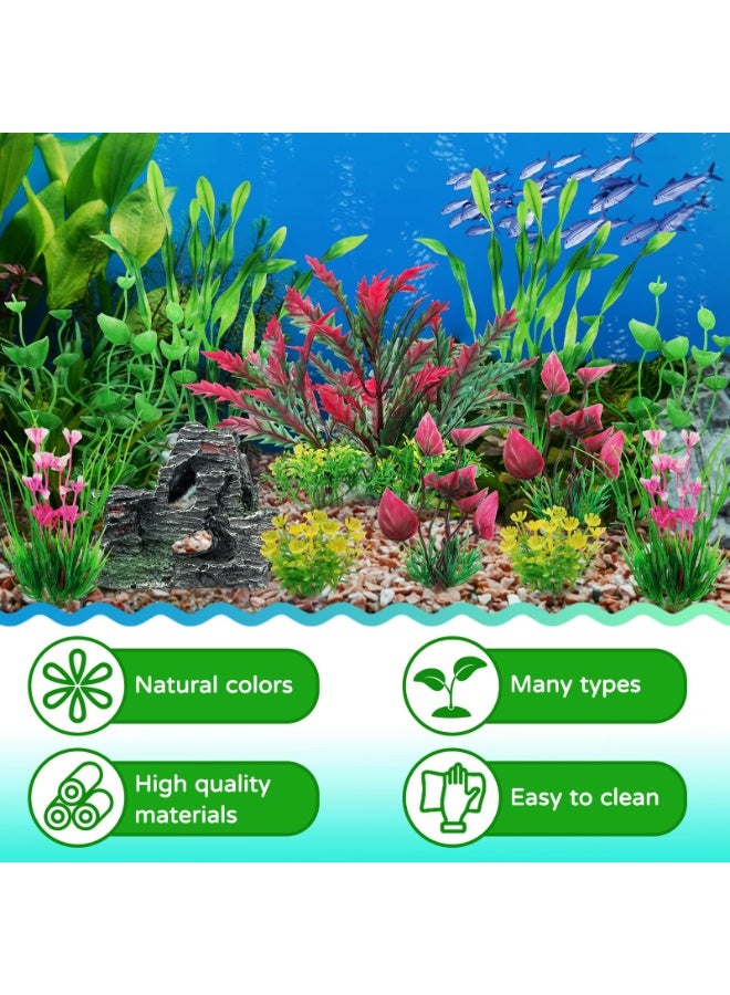 BAZARU Aquarium Decorations Set - Artificial Plants & Resin Cave Rock for Freshwater/Saltwater Tanks, Non-Toxic Fish Tank Accessories with Stable Base & Natural Hideouts (12 Pcs Set) - Image 2