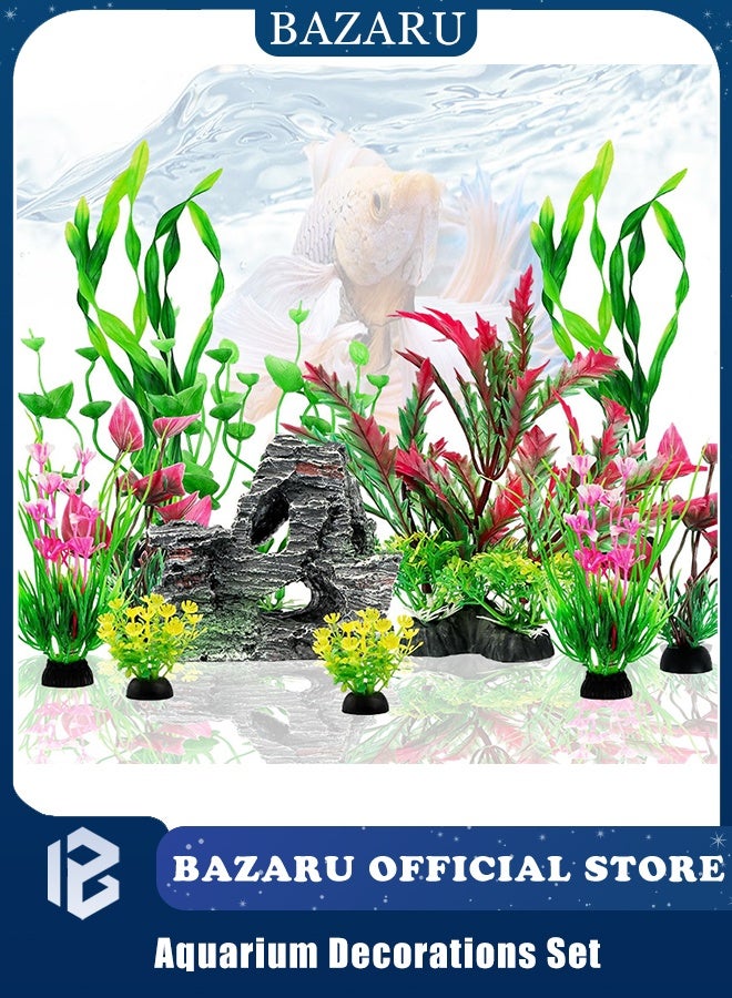 BAZARU Aquarium Decorations Set - Artificial Plants & Resin Cave Rock for Freshwater/Saltwater Tanks, Non-Toxic Fish Tank Accessories with Stable Base & Natural Hideouts (12 Pcs Set) - Image 1