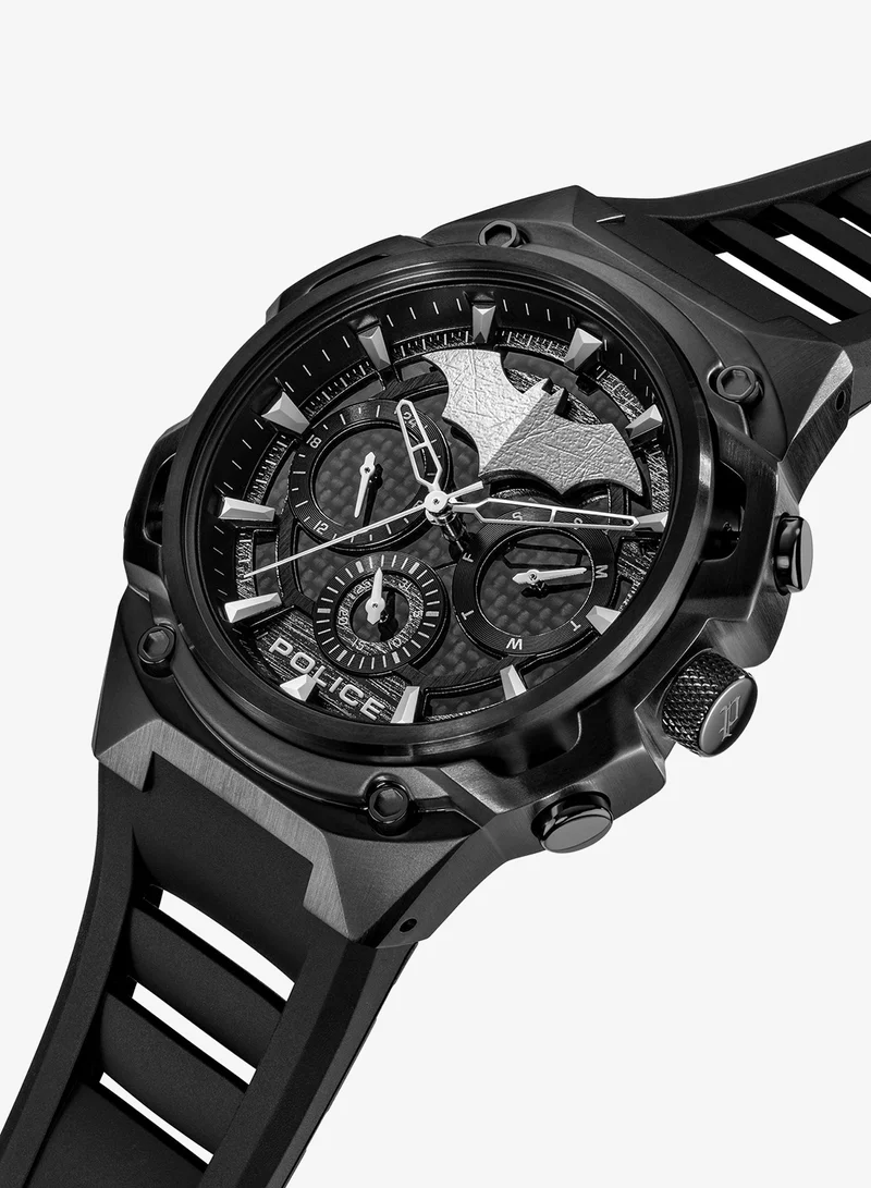 Police Crusader Black Carbon Dial Silicone Strap Multifunction Watch Set for Men, 46mm