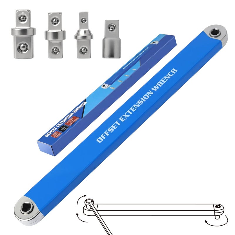 DEPOTA Offset Extension Wrench Zero Degree Ratchet Extension Set Impact Ready Socket Wrench Extender Tool with 12 14 38 Drive Adapters and 14 Socket for Tight Place Blue - Image 2