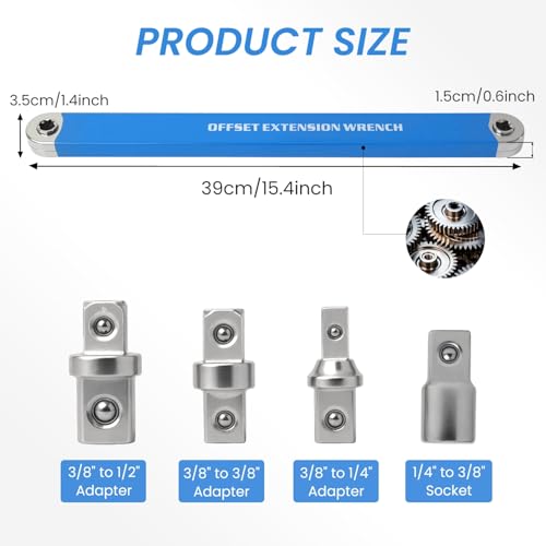 DEPOTA Offset Extension Wrench Zero Degree Ratchet Extension Set Impact Ready Socket Wrench Extender Tool with 12 14 38 Drive Adapters and 14 Socket for Tight Place Blue - Image 3
