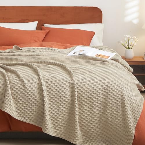 PHF PreWashed Cotton Waffle Weave Blanket Queen Size for BedSnag Proof Throw for Couch Spring SummerLightweight BreathableOekoTEX CertifiedMachine Washable Home Decor GiftKhakiSimply Taupe