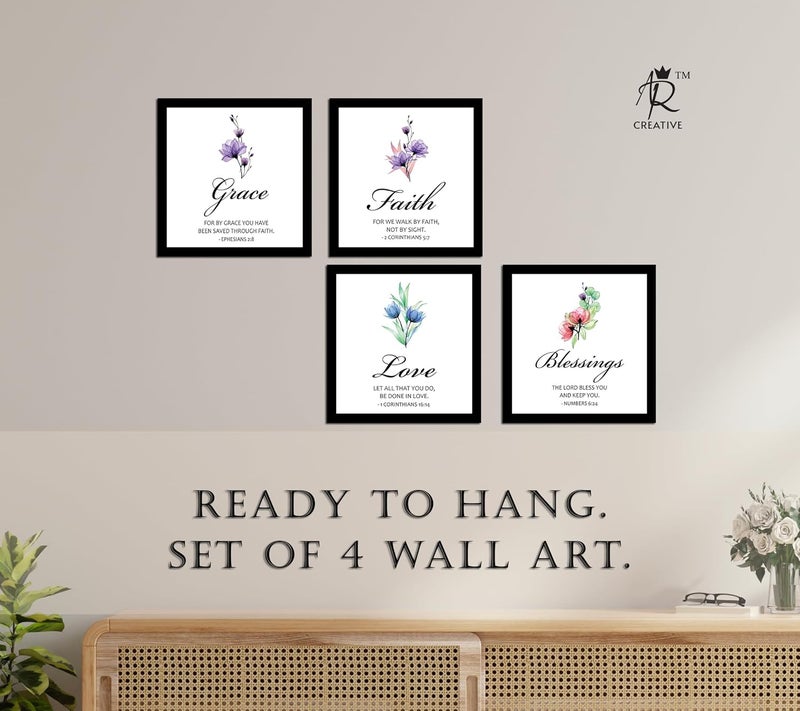 AR Creative Synthetic Fiber Grace Faith Love Blessings Bible Verse Wall Art Bible Quotes Print With Frame 10 Inch X 10 Inch Set Of 4 - Image 3