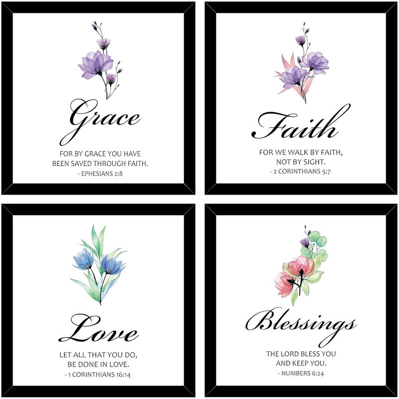 AR Creative Synthetic Fiber Grace Faith Love Blessings Bible Verse Wall Art Bible Quotes Print With Frame 10 Inch X 10 Inch Set Of 4 - Image 1