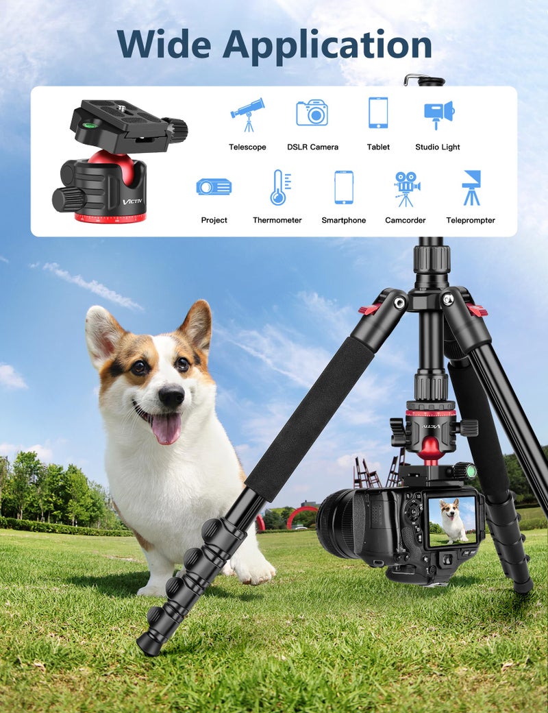 Victiv 78" Porfessional Tripod for Camera, Victiv Aluminum Camera Tripod Monopod for DSLR, Spotting Scope,Telescope, Binoculars, Compact Heavy Duty Camera Stand for Photography Video Recording Travel - Image 3
