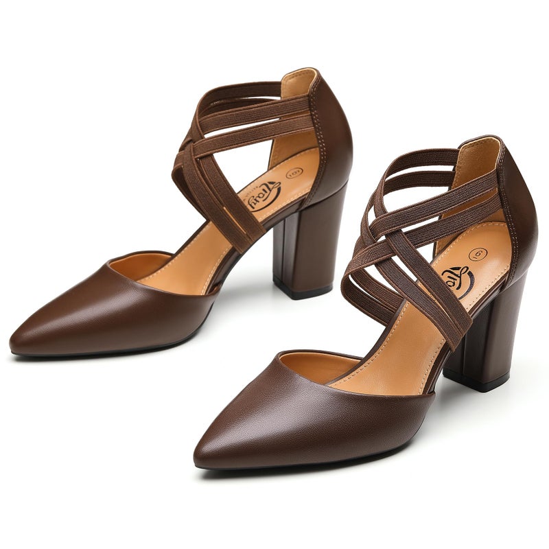 Trary Women's Low Heels Pumps Chunky Closed Pointed Toe Block Heels for Women Dress Shoes Elastic Crisscross Strappy 3.5 Inch Comfortable for Wedding Bridal Dark Brown - Image 3