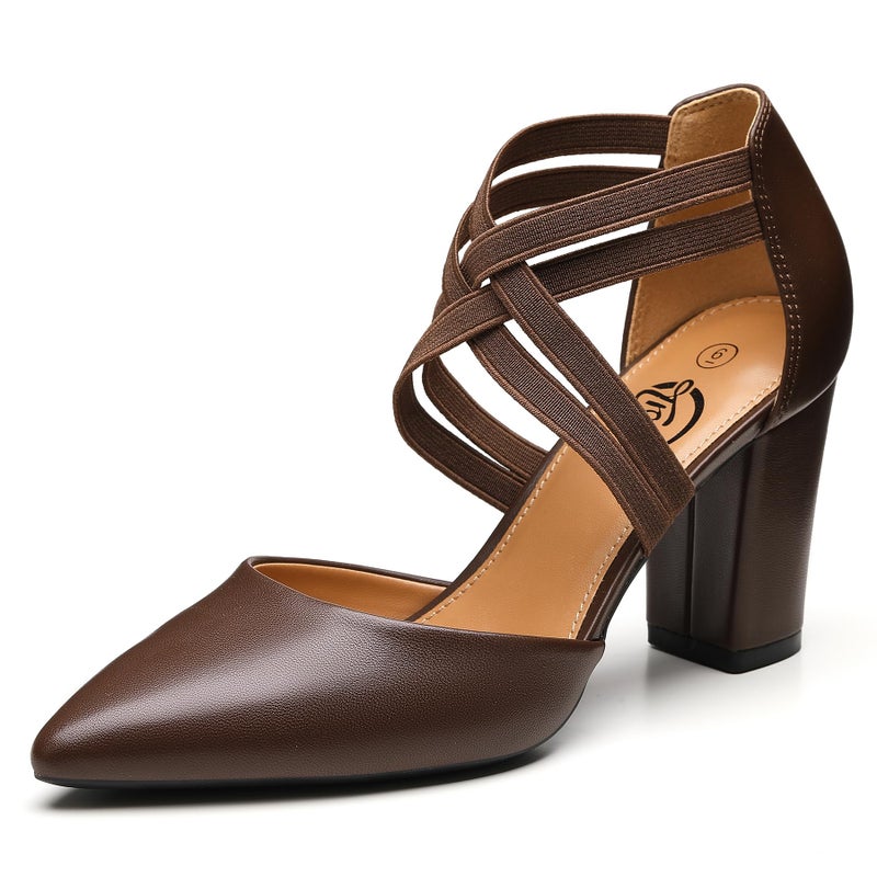 Trary Women's Low Heels Pumps Chunky Closed Pointed Toe Block Heels for Women Dress Shoes Elastic Crisscross Strappy 3.5 Inch Comfortable for Wedding Bridal Dark Brown - Image 1