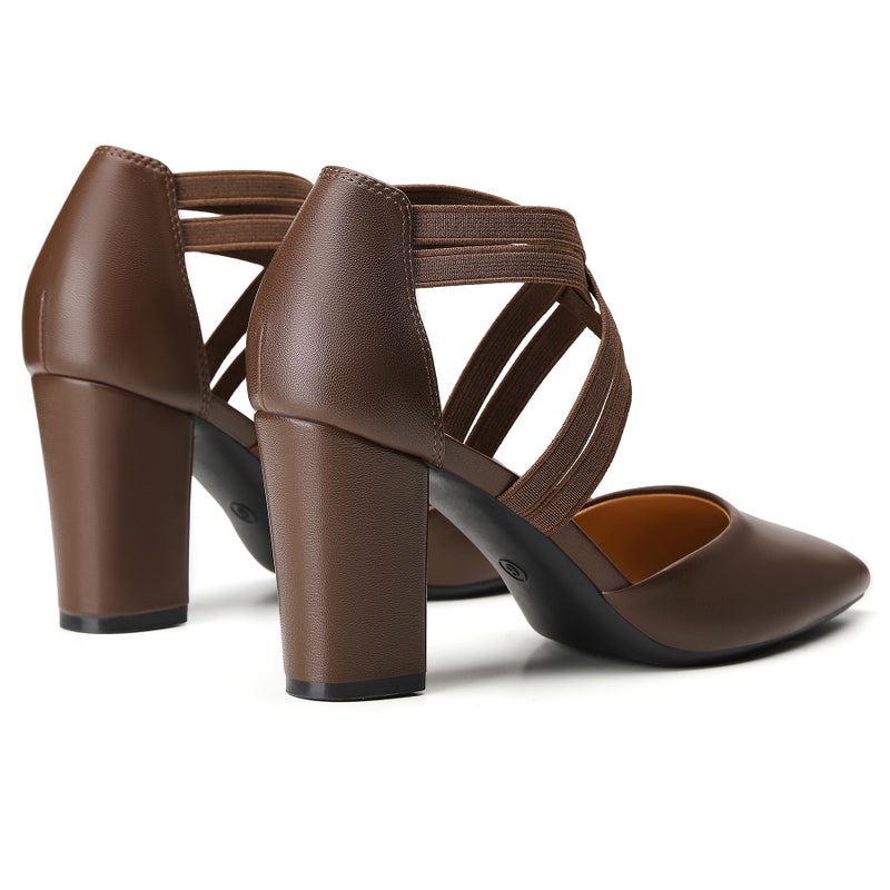 Trary Women's Low Heels Pumps Chunky Closed Pointed Toe Block Heels for Women Dress Shoes Elastic Crisscross Strappy 3.5 Inch Comfortable for Wedding Bridal Dark Brown - Image 4