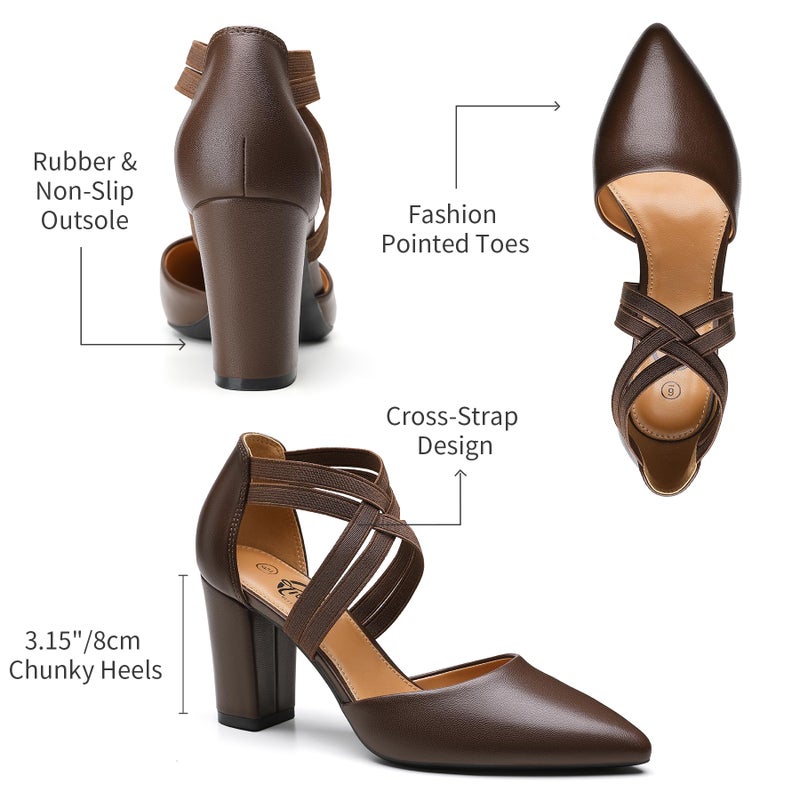 Trary Women's Low Heels Pumps Chunky Closed Pointed Toe Block Heels for Women Dress Shoes Elastic Crisscross Strappy 3.5 Inch Comfortable for Wedding Bridal Dark Brown - Image 5
