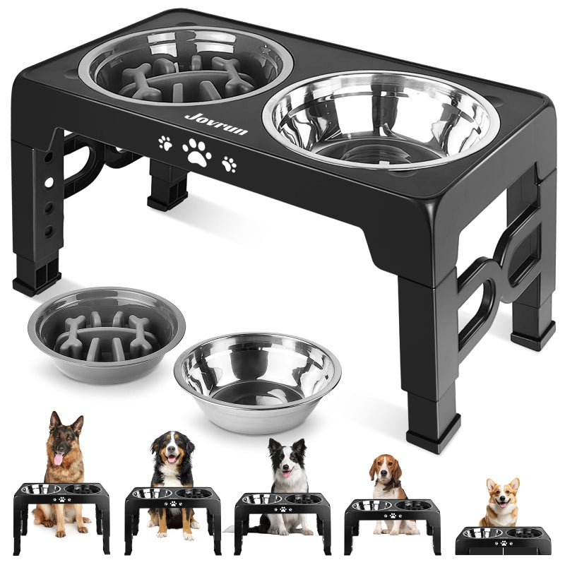 Jovrun Elevated Dog Bowls for Medium Size Dogs, Non-Slip Dog Feeder with 1*Stainless Steel Dishes & 1*Slow Feeder Bowl, 5 Heights Adjustable Raised Bowls to 3.15â€³-8.66â€³-9.84â€³-11.02â€³-12.2â€³ - Image 1