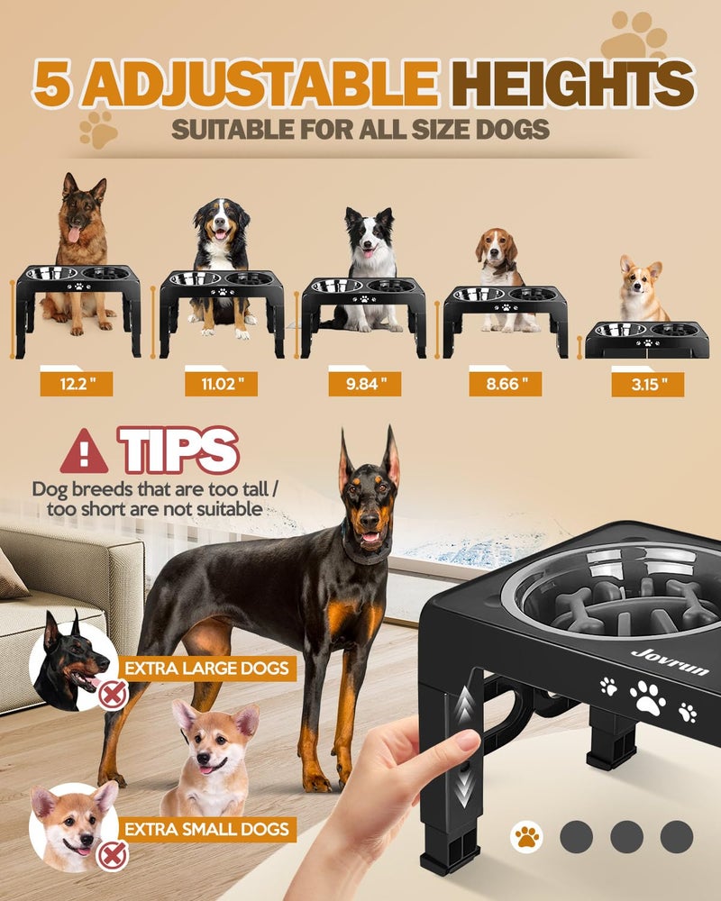 Jovrun Elevated Dog Bowls for Medium Size Dogs, Non-Slip Dog Feeder with 1*Stainless Steel Dishes & 1*Slow Feeder Bowl, 5 Heights Adjustable Raised Bowls to 3.15â€³-8.66â€³-9.84â€³-11.02â€³-12.2â€³ - Image 2