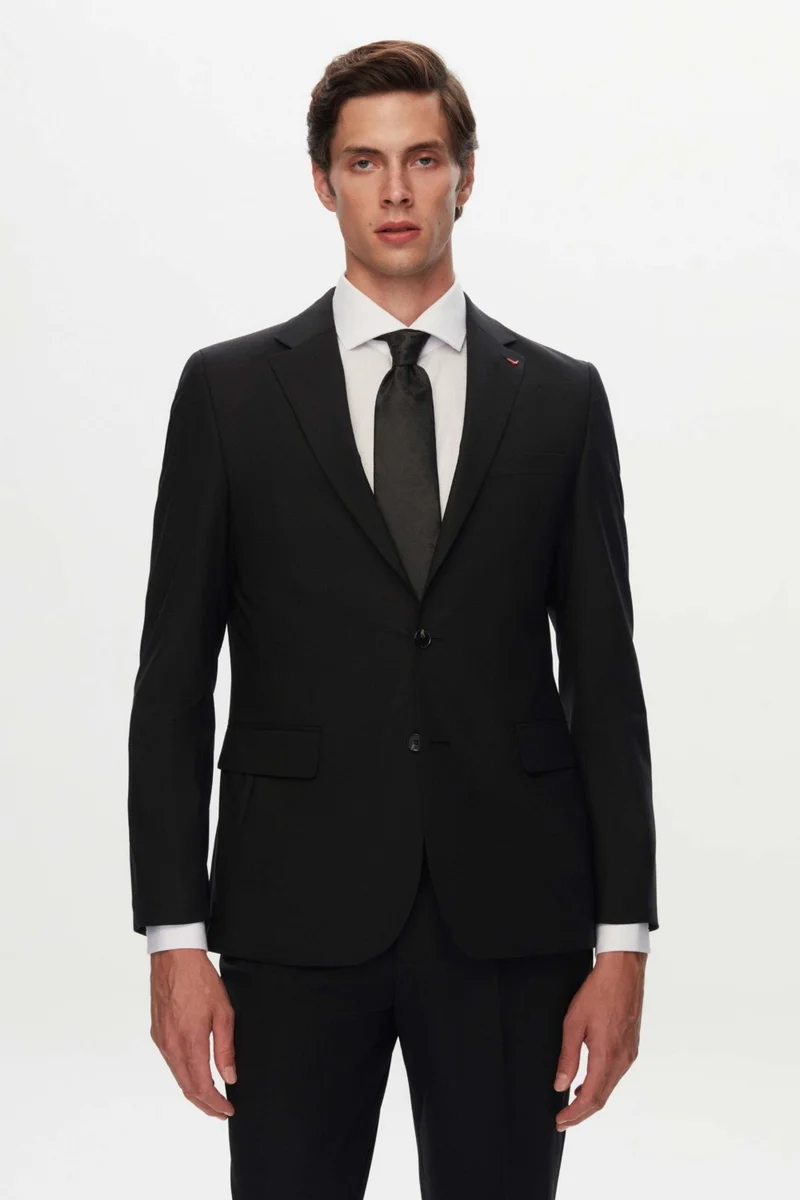 D'S DAMAT Ds Groom Slim Fit Black Plain Wool Travel Suit