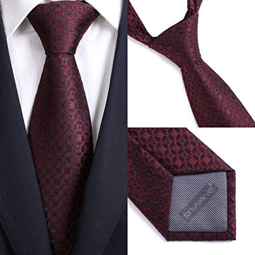 fortunatever Burgundy Mens Handmade Ties,Checkered Pattern Neckties With Black Dots(58") - Image 4