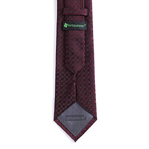 fortunatever Burgundy Mens Handmade Ties,Checkered Pattern Neckties With Black Dots(58") - Image 3