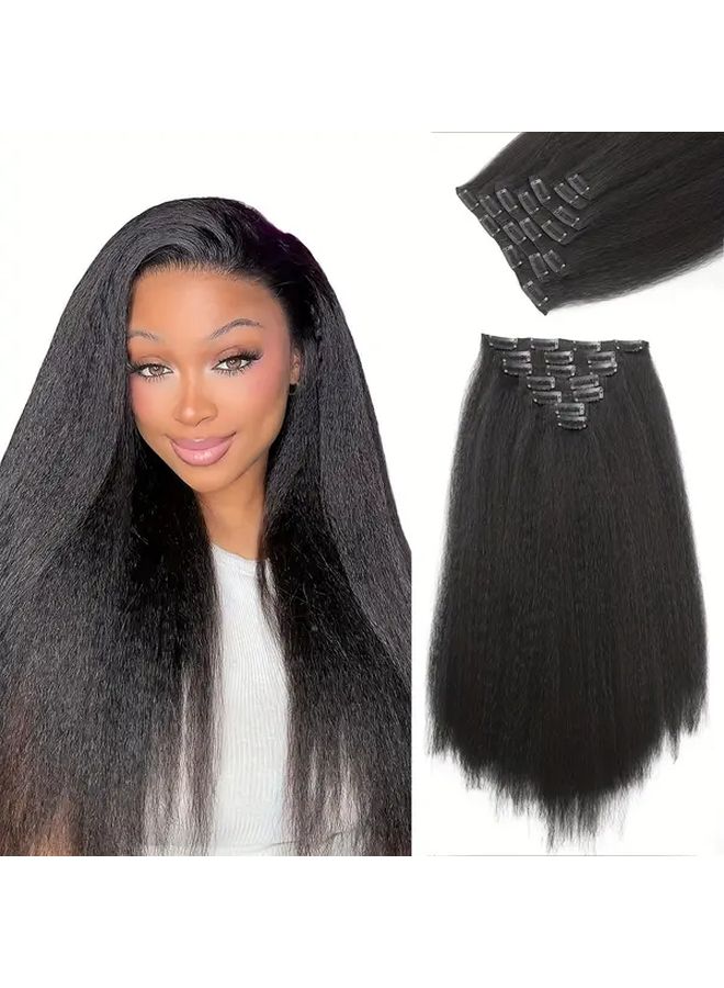 Kinky Straight Clip In Hair Extensions 24 Inch Black Hair For Women - Image 1