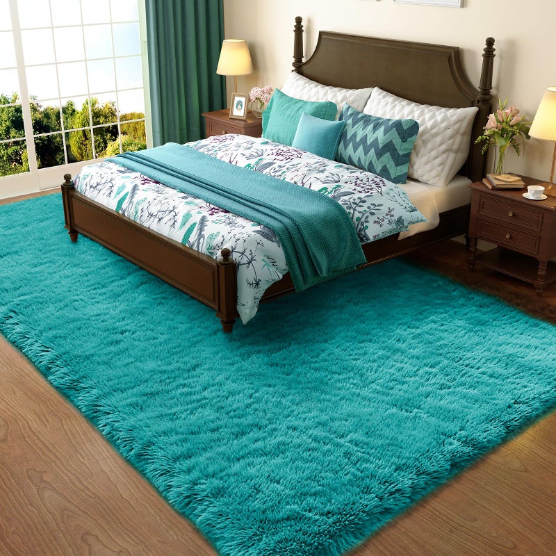Ophanie Teal Rugs for Bedroom Living Room, Fluffy Fuzzy Furry Carpet, Plush Soft Shaggy Bedside Indoor Floor 4x6 Area Rug for Kids Girls Boys Baby Teen Dorm Nursery Home Decor Aesthetic - Image 1