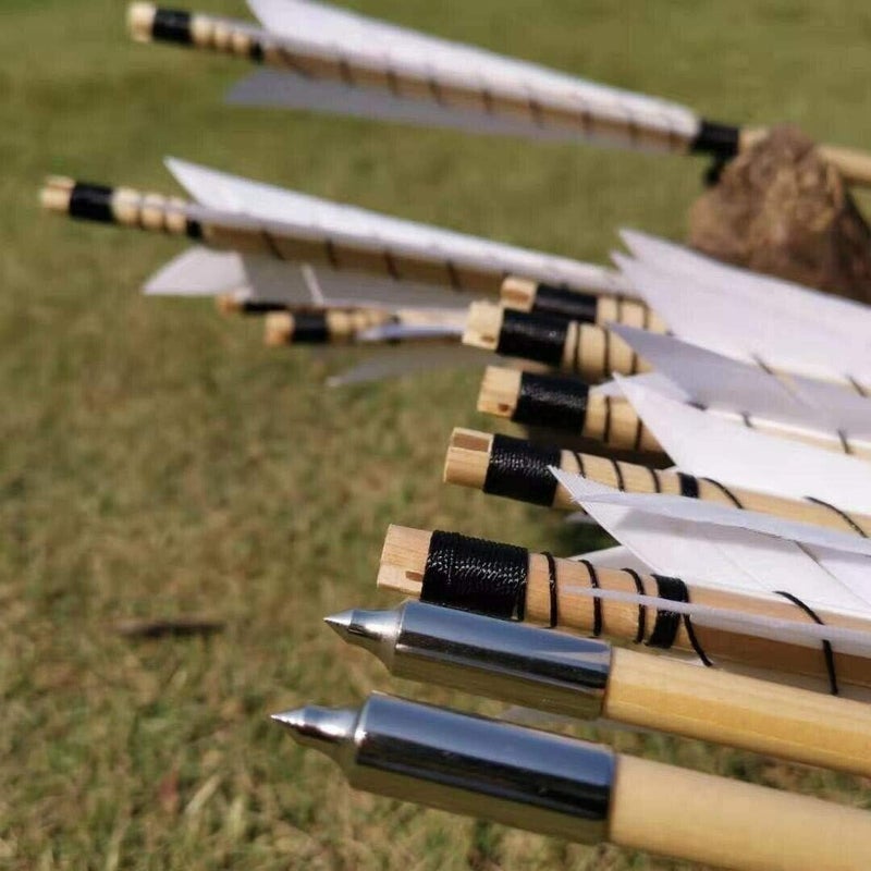 PG1ARCHERY Archery Wooden English Longbow Arrows Practice Targeting Arrow 5.8" Turkey Feathers Fletching with Bullet Points for Recurve & Traditional Bow - Image 1
