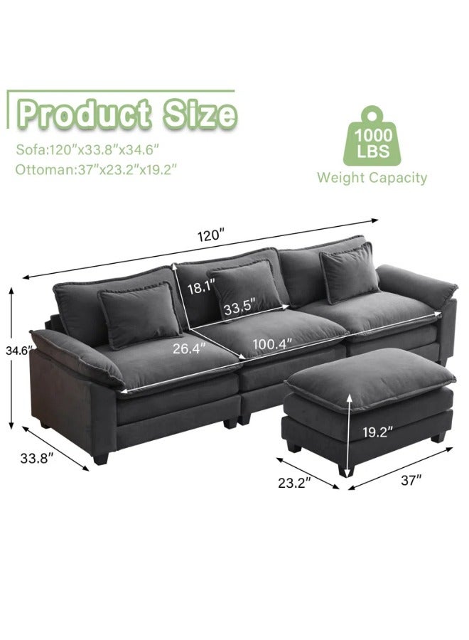 Generic 120" Sectional Cloud Couch Sofa Sleeper with Ottoman Grey  - Image 3