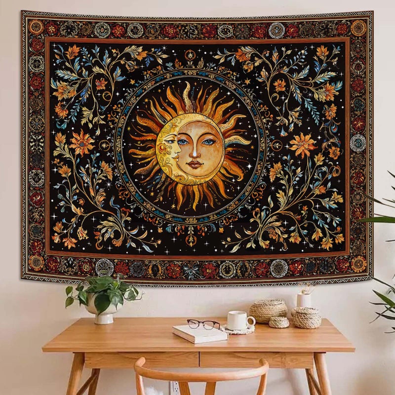 Accnicc Vintage Sun and Moon Tapestry Hippie Indie Boho Floral Wall Tapestry for Bedroom Aesthetic Stained Glass Celestial Plant Small Tapestries Wall Hanging for Living Room Dorm 48 x 36 Inch - Image 2
