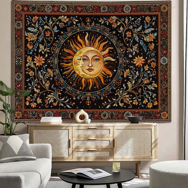 Accnicc Vintage Sun and Moon Tapestry Hippie Indie Boho Floral Wall Tapestry for Bedroom Aesthetic Stained Glass Celestial Plant Small Tapestries Wall Hanging for Living Room Dorm 48 x 36 Inch - Image 4