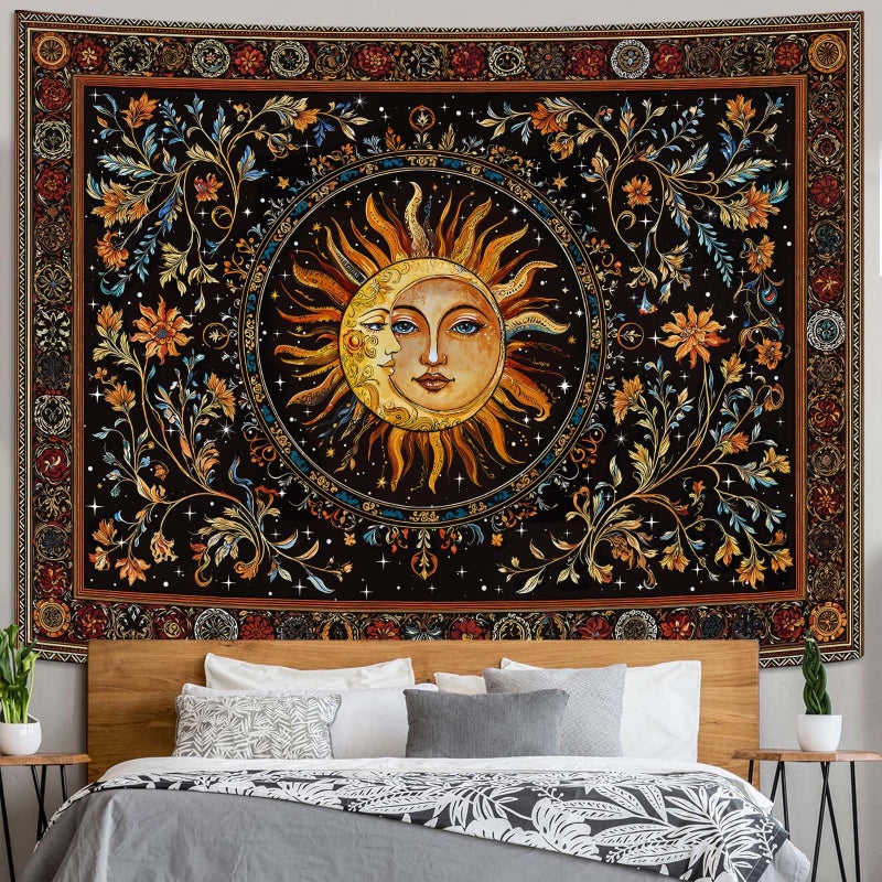 Accnicc Vintage Sun and Moon Tapestry Hippie Indie Boho Floral Wall Tapestry for Bedroom Aesthetic Stained Glass Celestial Plant Small Tapestries Wall Hanging for Living Room Dorm 48 x 36 Inch - Image 1