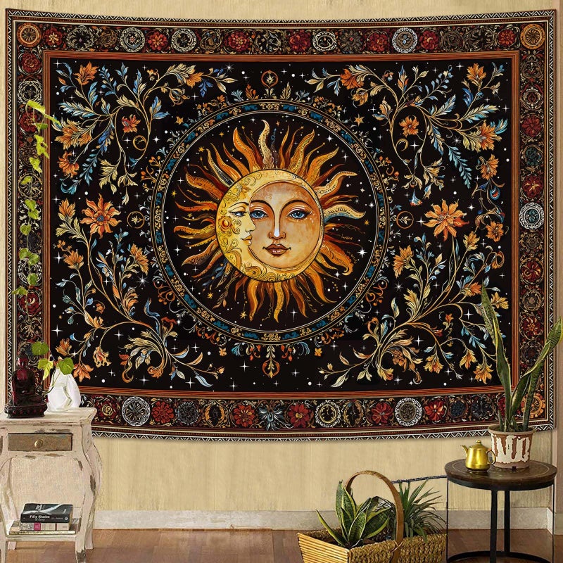 Accnicc Vintage Sun and Moon Tapestry Hippie Indie Boho Floral Wall Tapestry for Bedroom Aesthetic Stained Glass Celestial Plant Small Tapestries Wall Hanging for Living Room Dorm 48 x 36 Inch - Image 5