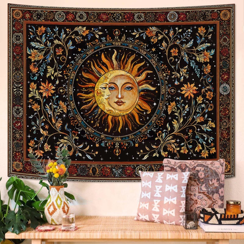 Accnicc Vintage Sun and Moon Tapestry Hippie Indie Boho Floral Wall Tapestry for Bedroom Aesthetic Stained Glass Celestial Plant Small Tapestries Wall Hanging for Living Room Dorm 48 x 36 Inch - Image 3