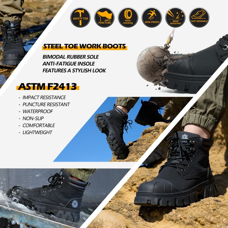 KELODON Waterproof Steel Toe Boots For Men 6 Inch Leather Steel Toe Shoes Non Slip Resistant Safety Work Boots Indestructible Lightweight Construction Boot,Black,US Size 9 - Image 3