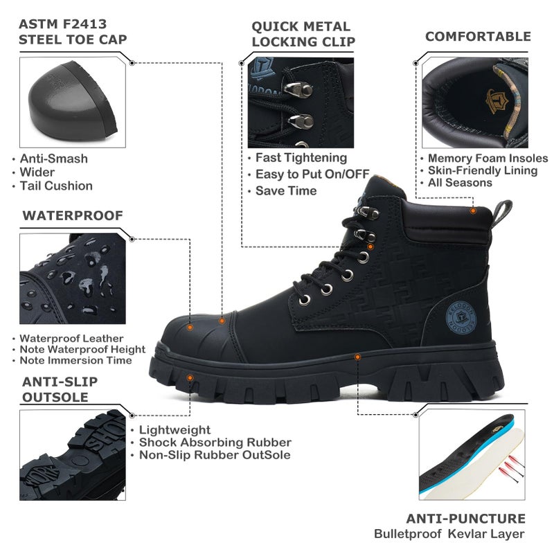 KELODON Waterproof Steel Toe Boots For Men 6 Inch Leather Steel Toe Shoes Non Slip Resistant Safety Work Boots Indestructible Lightweight Construction Boot,Black,US Size 9 - Image 2