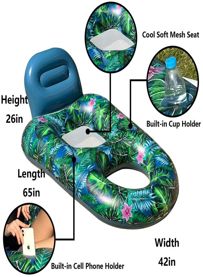 FindUWill Pool Floats Chairs Adult - 2 Pack 65'' x 42'' Large Pool Float Chairs, Inflatable Pool Lounger with Cup Phone Holder, Backrest, Footrest, Tanning Pool Lounge (Blue&Green) - Image 5