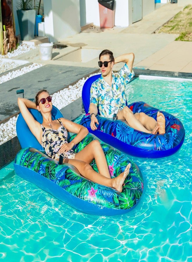 FindUWill Pool Floats Chairs Adult - 2 Pack 65'' x 42'' Large Pool Float Chairs, Inflatable Pool Lounger with Cup Phone Holder, Backrest, Footrest, Tanning Pool Lounge (Blue&Green) - Image 3
