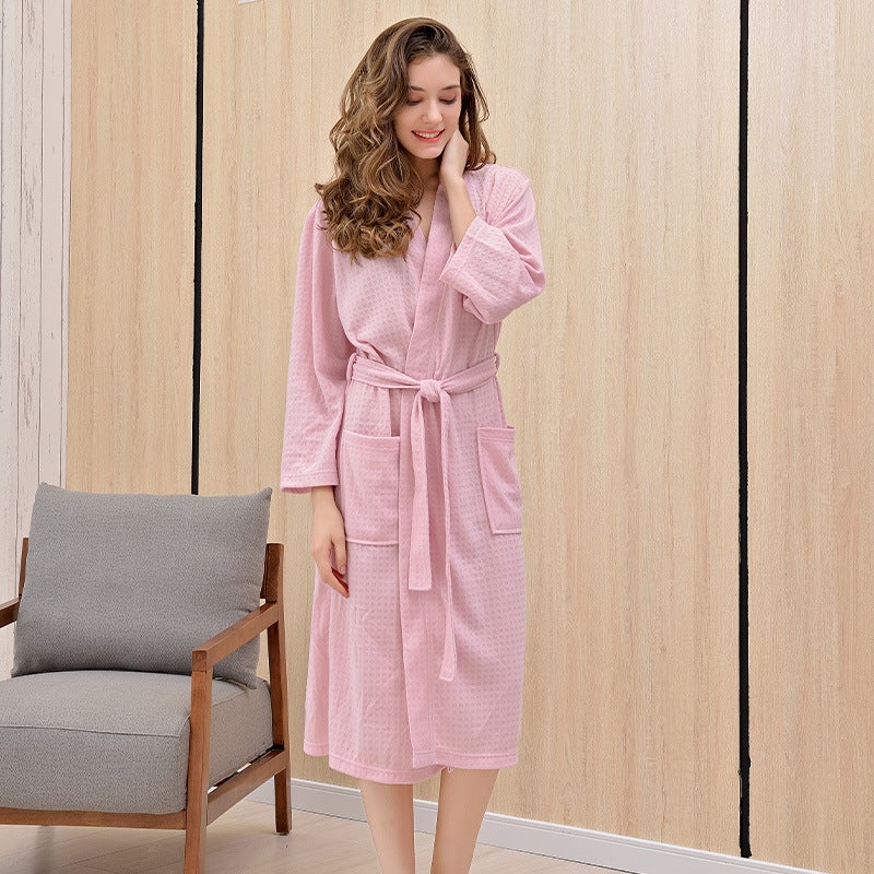 Long Thin Summer Couples Sleepwear Waffle Pattern Robe Mens Steam Bathing Suit Womens Comfortable Leisure Home Wear V-neck Polyester Fiber pink waffle (unisex) 