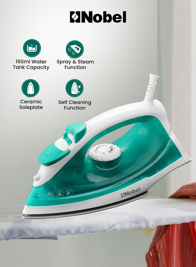 Nobel Powerful Steam Iron With Ceramic Sole Plate, Dry Ironing, Adjustable Thermostat, 160ml Water Tank, 360° Swivel Cord, Overheat Protection, Spray & Steam Functions, Self-Cleaning 160 ml 1400 W NSI23 Green/White - Image 1