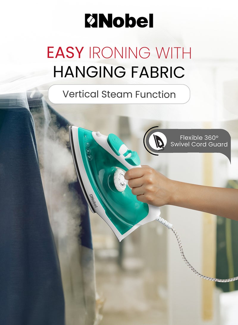 Nobel Powerful Steam Iron With Ceramic Sole Plate, Dry Ironing, Adjustable Thermostat, 160ml Water Tank, 360° Swivel Cord, Overheat Protection, Spray & Steam Functions, Self-Cleaning 160 ml 1400 W NSI23 Green/White - Image 5