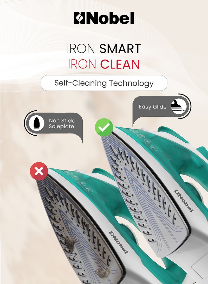 Nobel Powerful Steam Iron With Ceramic Sole Plate, Dry Ironing, Adjustable Thermostat, 160ml Water Tank, 360° Swivel Cord, Overheat Protection, Spray & Steam Functions, Self-Cleaning 160 ml 1400 W NSI23 Green/White - Image 3