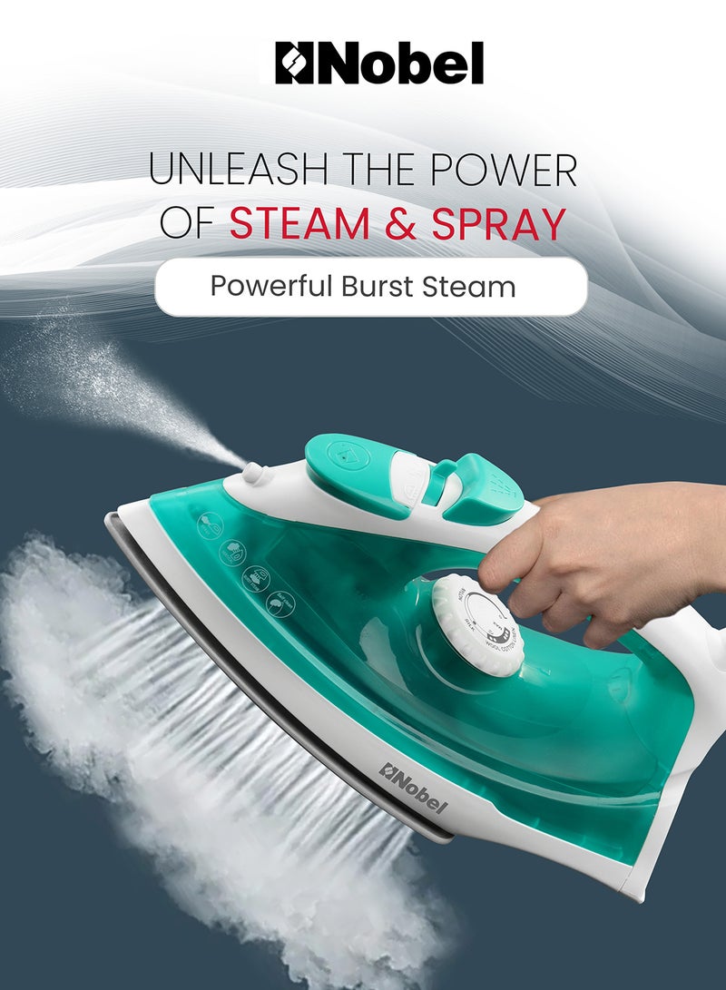 Nobel Powerful Steam Iron With Ceramic Sole Plate, Dry Ironing, Adjustable Thermostat, 160ml Water Tank, 360° Swivel Cord, Overheat Protection, Spray & Steam Functions, Self-Cleaning 160 ml 1400 W NSI23 Green/White - Image 4