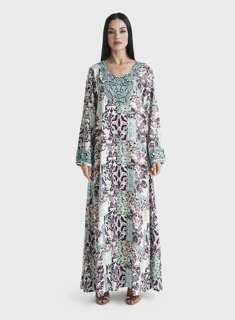 KASHKHA Teal Abstract Printed Rayon Stone Work Jalabiya (VDU802)