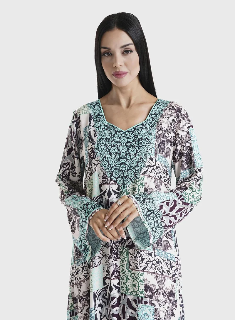 KASHKHA Teal Abstract Printed Rayon Stone Work Jalabiya (VDU802)