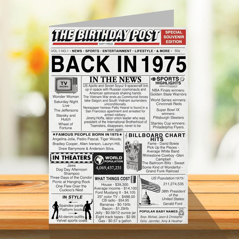 Stuff4 50th Birthday Cards for Men Women  Back In 1975 Newspaper  50 Happy Birthday Decorations Card for Her Him Dad Mom Husband Wife Uncle Aunt Vintage Retro Born In 1975 A5 Bday Anniversary Cards - Image 3