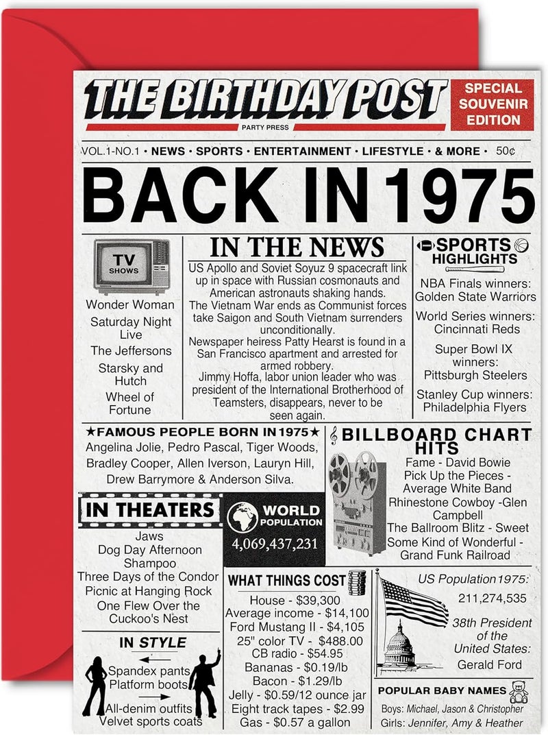 Stuff4 50th Birthday Cards for Men Women  Back In 1975 Newspaper  50 Happy Birthday Decorations Card for Her Him Dad Mom Husband Wife Uncle Aunt Vintage Retro Born In 1975 A5 Bday Anniversary Cards - Image 1