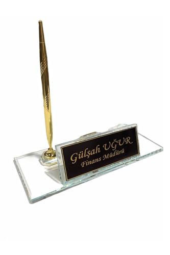 MOOGCO Custom Desk Name Plate Black Glass Desk Name Plate with Clock Pen Holder with 2 Pens Cardholder Desktop Nameplate Desk Organizer Glass Single With Clock - Image 1